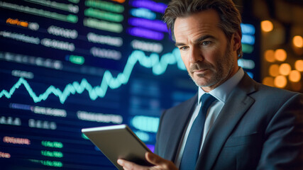 A finance professional using a tablet to track stock performance