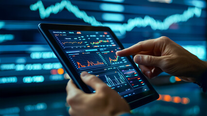 A finance professional using a tablet to track stock performance