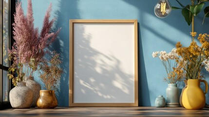 Fototapeta premium Empty frame mockup with dried flowers in vases on a wooden table with blue wall background.