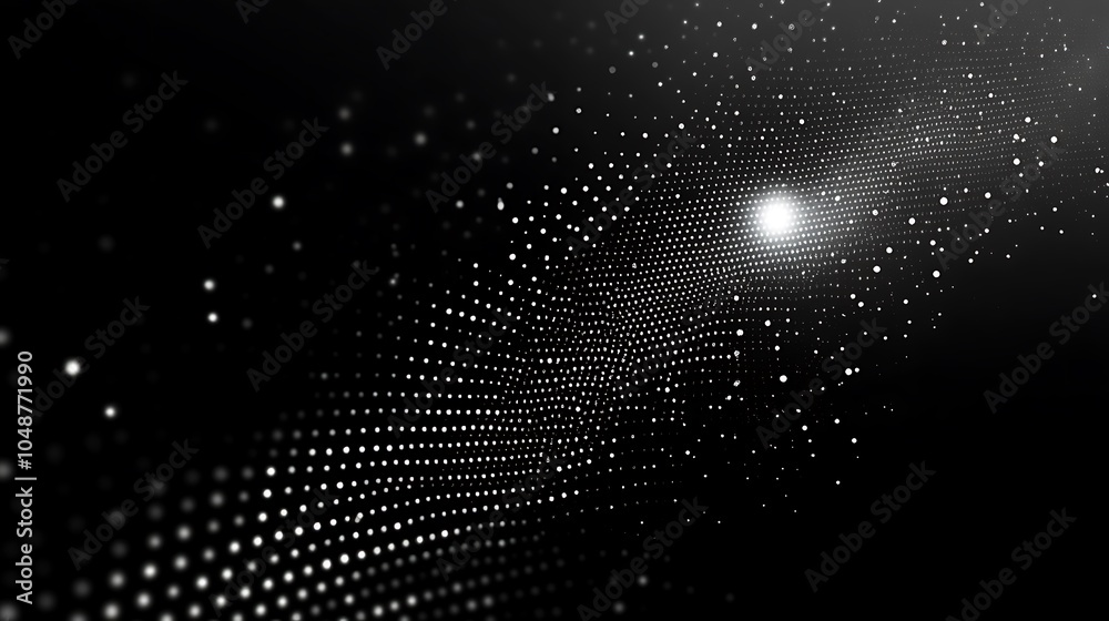 Poster Abstract background with white dots swirling in a dark space with a bright light at the end.