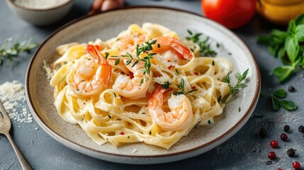 Freshly cooked Fettuccine Alfredo with shrimp, garnished with parmesan and herbs, on a beautiful ceramic plate with subtle table around it.