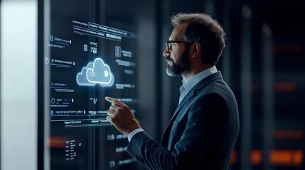 Businessman interacts with holographic cloud interface, symbolizing cloud ERP solutions for enterprise resource planning