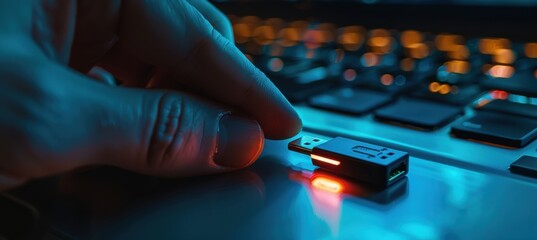 Cybersecurity Threat Concept: Hacker Hand with USB in Dark Corporate Setting for Tech Poster