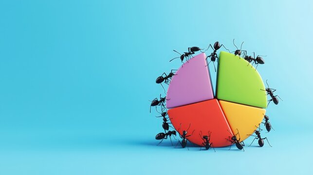 Ants building a 3D pie chart, symbolizing strategic teamwork