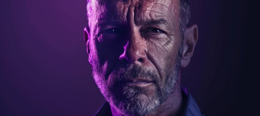 Obraz premium Focused Portrait of Middle-Aged Man Reflecting Strength on Purple Background for Professional Use
