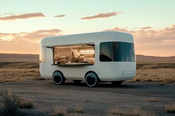 Futuristic food truck in desert landscape at sunset