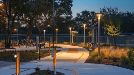 Illuminated Outdoor Fitness Equipment and Path at Dusk