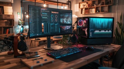 Naklejka premium Modern Gaming Setup with Two Monitors, Keyboard, and Mouse on a Wooden Desk