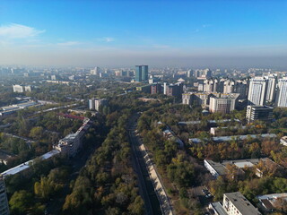 View of the city of Almaty with different houses and architecture. The view from the drone.