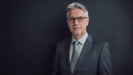 Business portrait of older man in 50s with gray hair against dark background