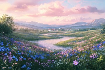 Serene mountain landscape with a winding river and vibrant wildflowers in bloom
