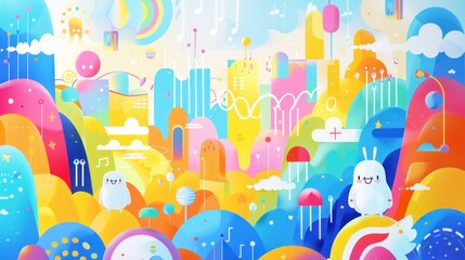 A whimsical landscape with colorful hills, playful characters, and abstract elements.