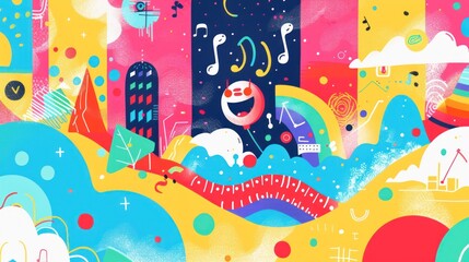 Obraz premium Abstract Colorful Illustration with Musical Notes and Geometric Shapes
