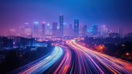 A scenic cityscape with a highway in the foreground at night. The city skyline is lit up with lights, while the highway is filled with streaks of light from moving vehicles.