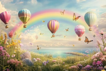 Obraz premium Colorful hot air balloons floating over a serene meadow with butterflies and a rainbow in the sky