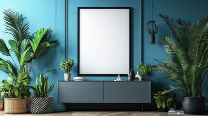 Modern living room with blue walls, plants, a console table, and a blank poster frame for your artwork.