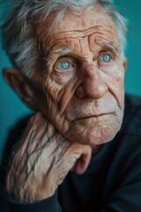 Reflective Portrait of Elderly Man with Thoughtful Expression on Teal Background