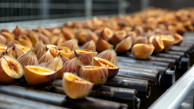 Figs on conveyor belt being processed in a modern industrial food processing facility, 4k video