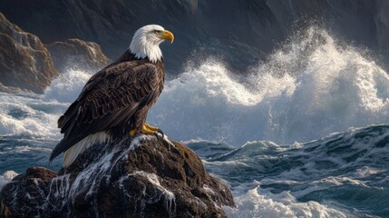 Fototapeta premium A bald eagle resting on a rock by the coastline, with waves crashing in the background.