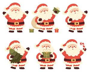 Set of Santa Claus In different poses and activities on white background. Christmas and New Year vector collection. Cute cartoon character with gift box, lollipop, candy, Christmas tree.