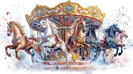 A vibrant carousel featuring beautifully detailed horses, evoking a sense of nostalgia and joy, surrounded by a colorful, whimsical atmosphere.