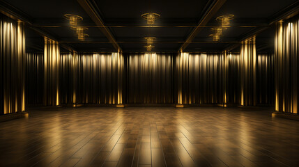 Luxurious room with golden lighting, metallic pillars, and wooden flooring