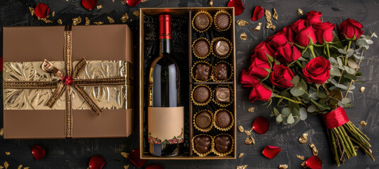 Valentine's Day Luxury Gift Box with Wine, Chocolates, and Red Roses for Romantic Celebrations