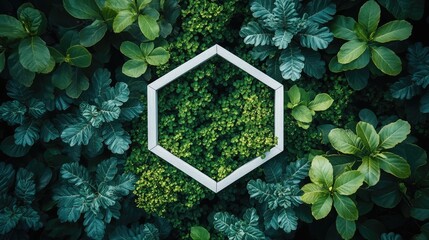 A white hexagonal frame sits on a bed of lush green foliage, creating a geometric contrast.
