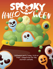 Halloween day poster or banner vector template. ghosts brewing a potion, halloween, zombies, pumpkins, cony, sweets, hands, ghost, creepy trees, cemetery, cobwebs and realistic 3d halloween design ele