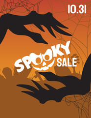 Halloween day poster or banner background vector template. creepy witch hands and inscription. Halloween, zombies, pumpkins, ghost, moon, creepy trees, cemetery, cobweb and realistic 3d Halloween desi