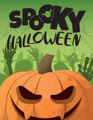 Halloween day poster or banner vector template. Halloween, zombies, pumpkins, hands, ghost, creepy trees, cemetery, cobwebs and realistic 3d Halloween design elements.