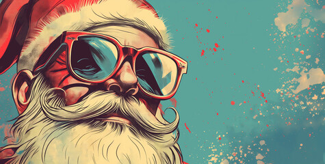 Santa Claus in sunglasses illustration. Retro style poster with Santa Claus. Funny comic style Santa with white beard and famous red suit.