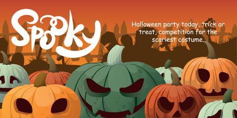Halloween day poster or banner vector template. Halloween, zombies, pumpkins, hands, ghost, creepy trees, cemetery, cobwebs and realistic 3d Halloween design elements.