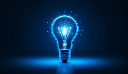 Blue holographic glowing lightbulb with copy space.