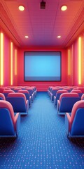 Fototapeta premium Empty movie theater with pink walls and blue seats.
