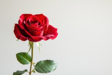 Vibrant red rose in full bloom against a plain background