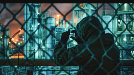 Covert Observation of Industrial Machinery at Dusk through a Fence for Security Awareness