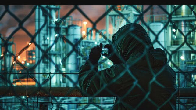 Covert Observation of Industrial Machinery at Dusk through a Fence for Security Awareness