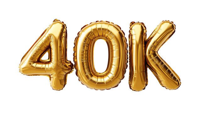 40K Letters Golden Foil Balloons, Isolated on PNG Transparent Background