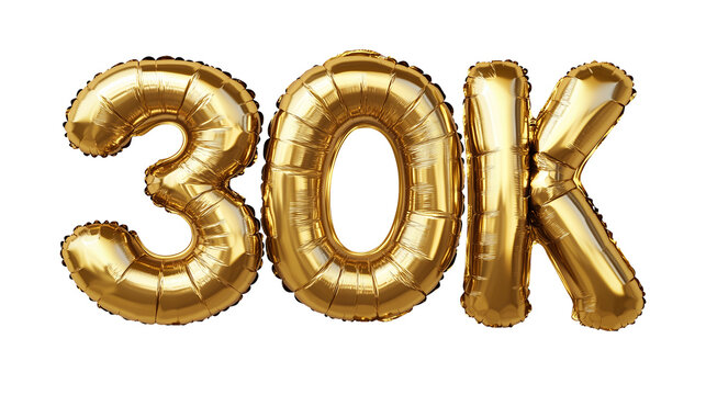 30K Letters Golden Foil Balloons, Isolated on PNG Transparent Background