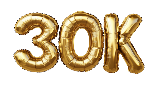 30K Letters Golden Foil Balloons, Isolated on PNG Transparent Background