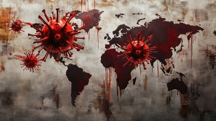 A world map with red virus models dripping blood, symbolic of global pandemic and disease.