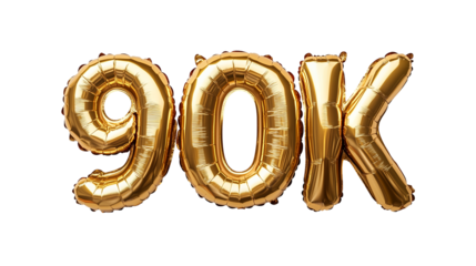 90K Letters Golden Balloons, Isolated on PNG Transparent Background