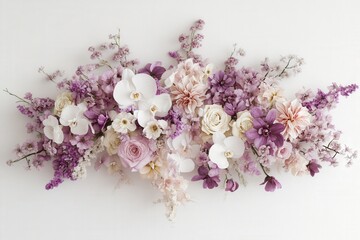 beautiful bouquet of purple and white flowers on a light background