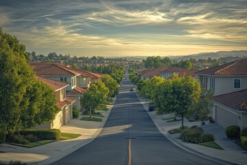 Obraz premium Scenic view of a residential neighborhood at sunset with lush greenery and winding streets