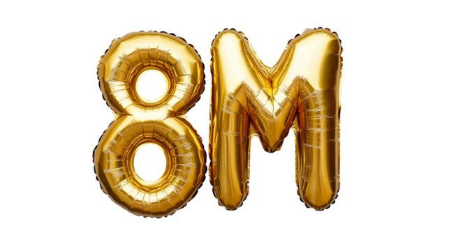 8M Golden Shiny Balloons, isolated on transparent background