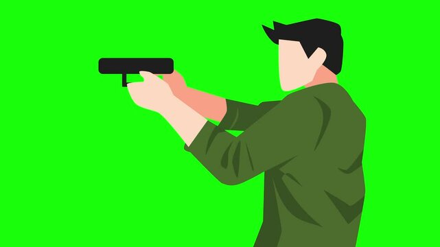 Man holding a gun and firing a shot. Military, crime, or sport concept. 2d animation on green screen background.