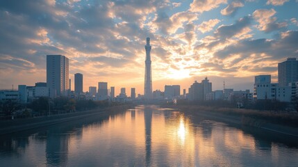 Naklejka premium A panoramic view of a city skyline with a tall skyscraper and a river in the foreground during a sunrise.