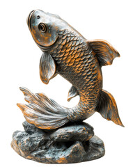 Obraz premium A bronze fish sculpture is sitting on a rock. The fish is leaping out of the water, giving the impression of movement and energy. The sculpture is a beautiful and intricate piece of art