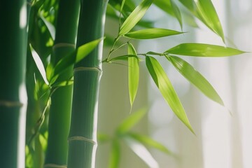 Naklejka premium Green Bamboo Stalks with Fresh Leaves in Natural Light
